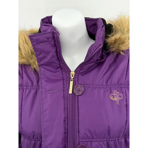 Southpole Jacket Women Medium Purple Hooded Puffer Faux Fur Winter Y2k Quilted - Picture 2 of 15